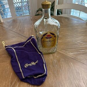Crown Royal Whiskey empty glass handle bottle with top and purple bag
